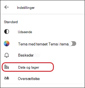 Indstilling for Teams-mobildata og -lager