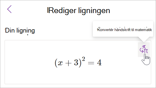 skærmbillede af matematikassistentruden i onenote. En markør holdes over håndskrift til tekst-knappen.