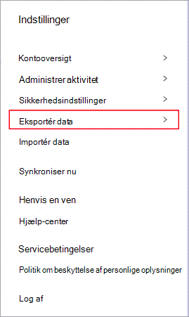 Menuen Indstillinger i Dashlane med Eksportér data fremhævet.