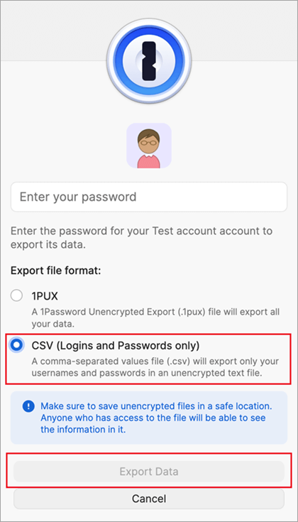 Dialogboksen Eksportér fil i 1Password.