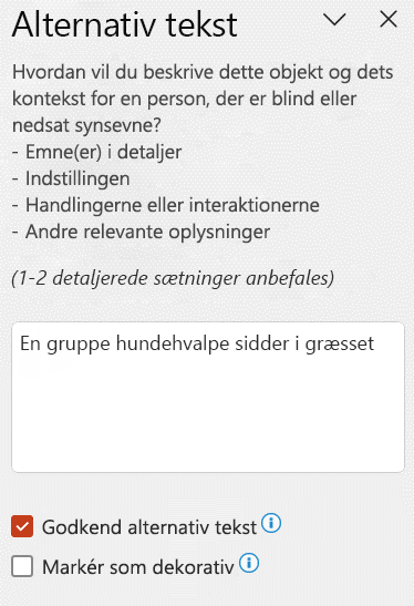 Automatisk alternativ tekst vises i ruden Alternativ tekst med afkrydsningsfeltet Godkend alternativ tekst markeret.