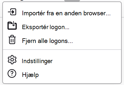 Menuen Adgangskoder i Firefox, der viser Tilgængelige eksportlogon.