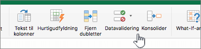 Menuen Data i Excel-værktøjslinjen vist med Datavalidering valgt