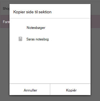 Menuen Kopiér side i OneNote til Android