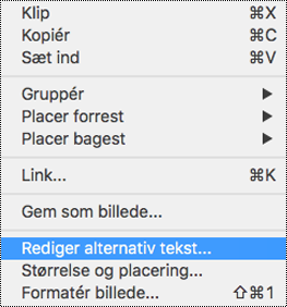 Indstilling for redigering af alternativ tekst i genvejsmenuen i PowerPoint til Mac