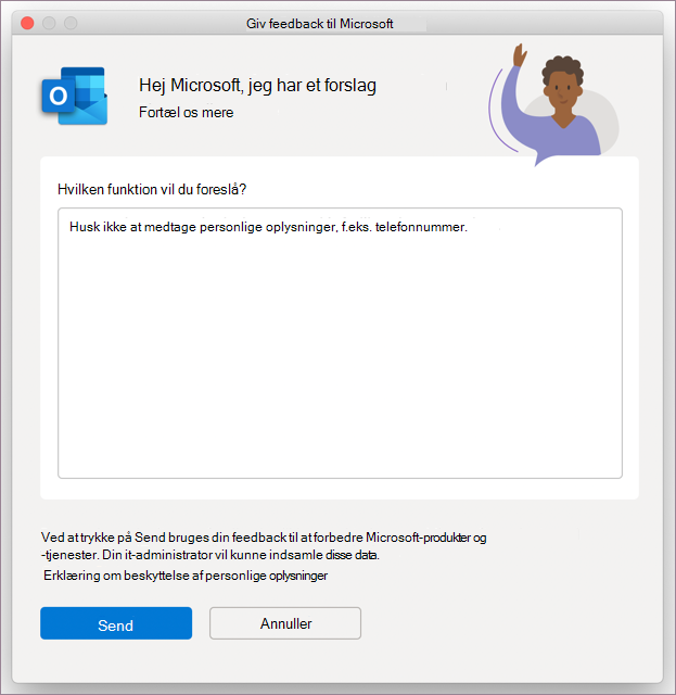 Feedbackdialogboks til Outlook i MacOS