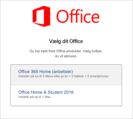 Vælg licenstype for Office 2016 til Mac