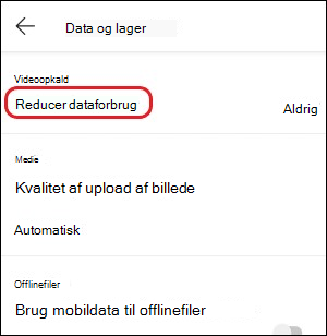 Indstilling for reducer dataforbrug i Teams til mobil