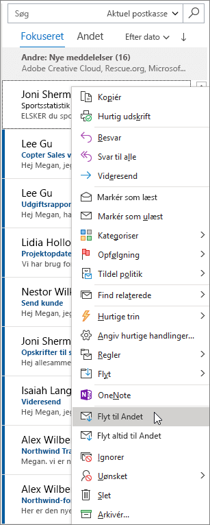 Fokuseret indbakke i Outlook