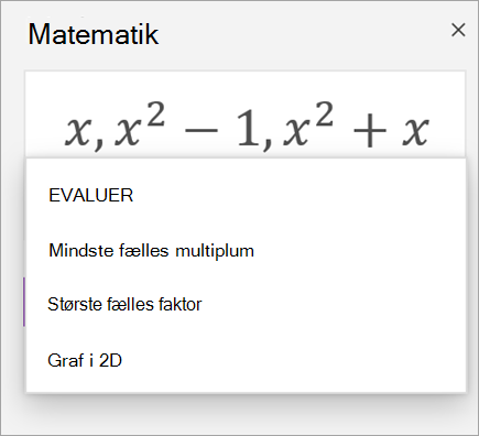 Liste over matrixer i Matematikassistent