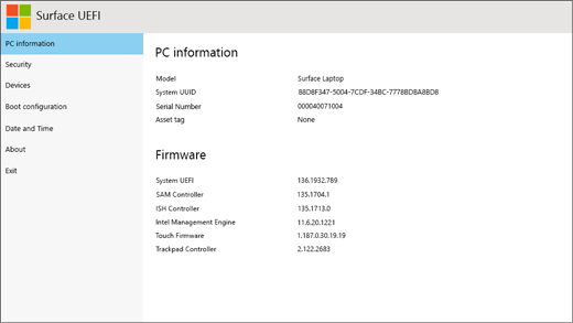 Skærmbilledet med pc-oplysninger af Surface UEFI