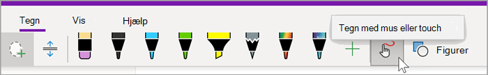 skærmbillede af fanen Tegning i OneNote til Windows 10 med musen, der holdes over knappen "Tegn med mus eller touch"