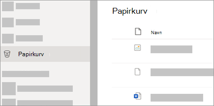 Et skærmbillede, der viser fanen Papirkurv på OneDrive.com.