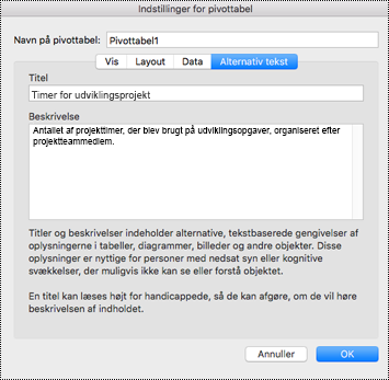 Dialogboks til alternativ tekst til en pivottabel i Excel.