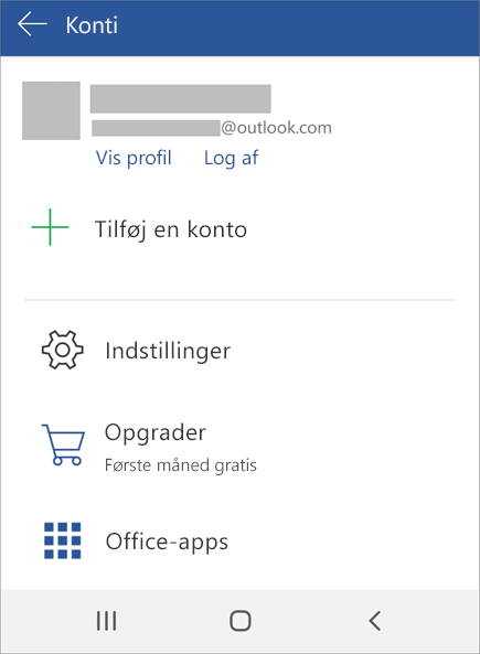 Viser indstillingen til at logge af Office på en Android-enhed