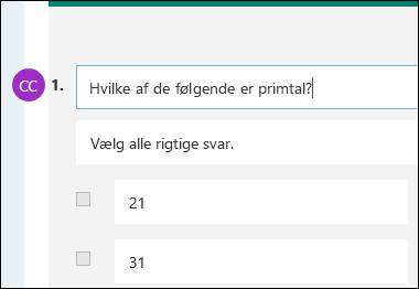 Bidragyderinitialer vises ud for testspørgsmål