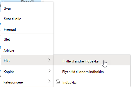 Et skærmbillede viser genvejsmenuen med indstillingerne flyt til indbakken Andet og Flyt altid til Andre indbakke.