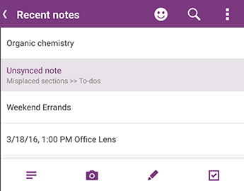 Listen Seneste noter i OneNote til Android