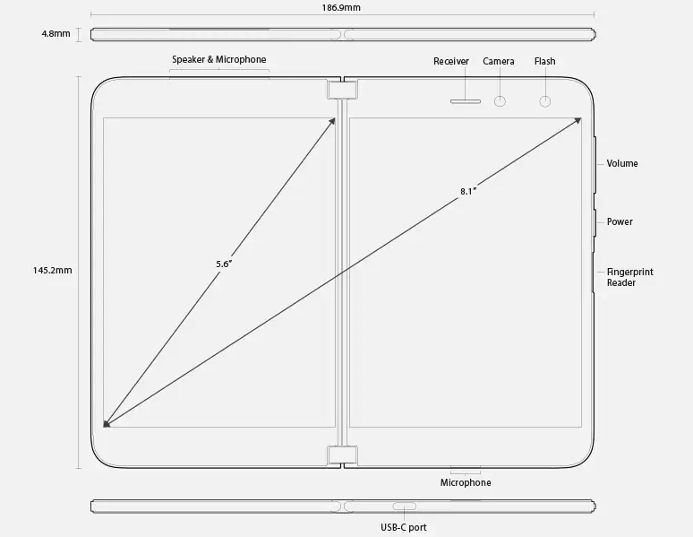 Viser Surface Duo-dimensioner og -funktioner med enheden åben.