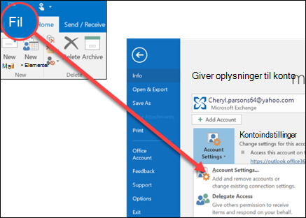Vælg Kontoindstillinger for at slette en konto.