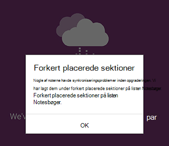 Meddelelse om forkert placerede sektioner i OneNote til Android