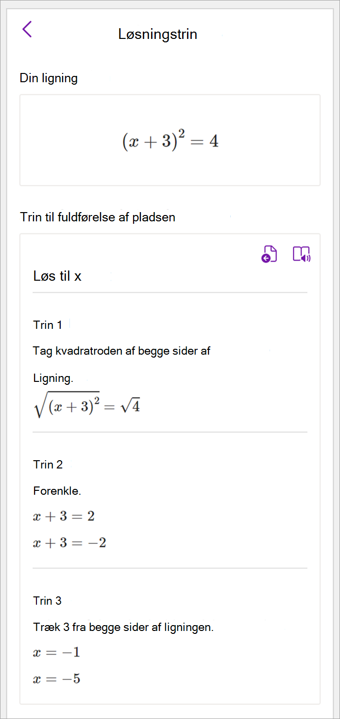 Skærmbillede af matematikruden i Skrivebordsversionen af OneNote. Løsningstrin vises for brug af den firkantede metode til løsning af x.