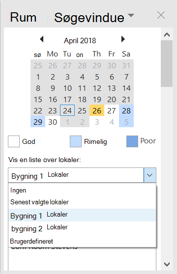 Brug Lokalesøgning til at se de mødelokaler, der er tilgængelige for mødet.