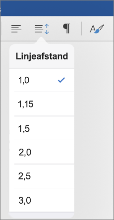 Viser indstillingerne for linjeafstand i Word til iPad.