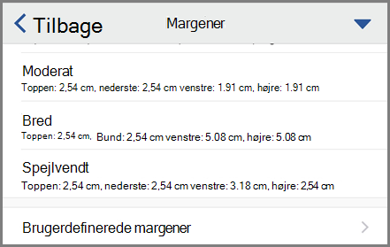 Viser indstillinger for margen