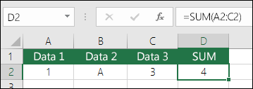 Korrekt formelbygning.  I stedet for  =A2+B2+C2 er celle D2's formel =SUM(A2:C2)