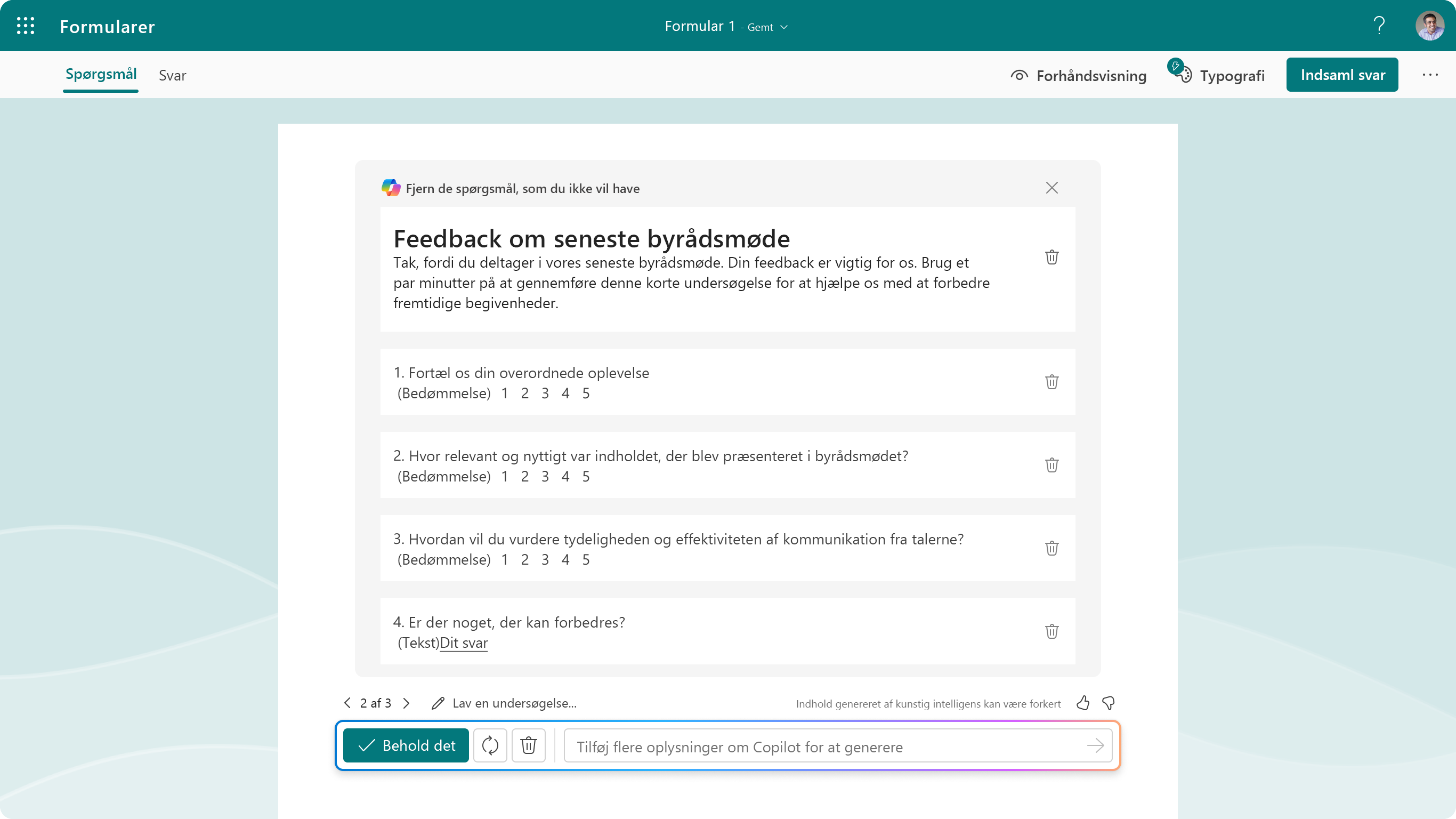 Skærmbillede, der viser de foreslåede spørgsmål til Copilot i Forms