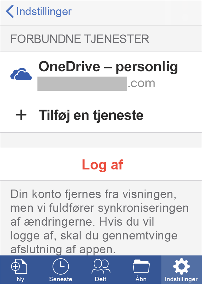 Viser indstillingen til at logge af Office til iOS