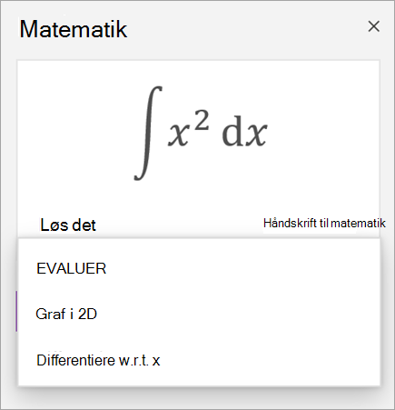 Eksempelligning, der viser løsningsmuligheder for derivater og integraler