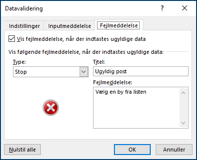 Indstillinger for rulleliste for fejlmeddelelse i Datavalidering