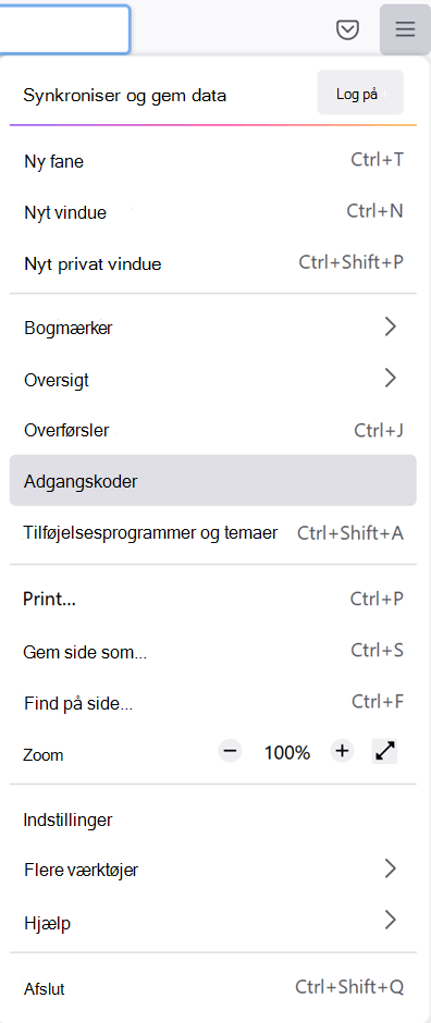 Hovedmenuen i Firefox med indstillingen Adgangskoder valgt.