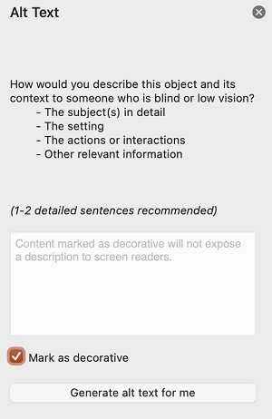 Afkrydsningsfeltet Markér som dekorativ markeret i ruden Alternativ tekst i PowerPoint til Mac.
