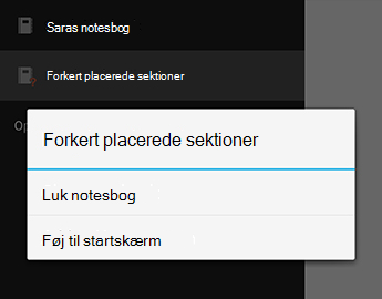 Kommandoen Luk notesbog i OneNote til Android