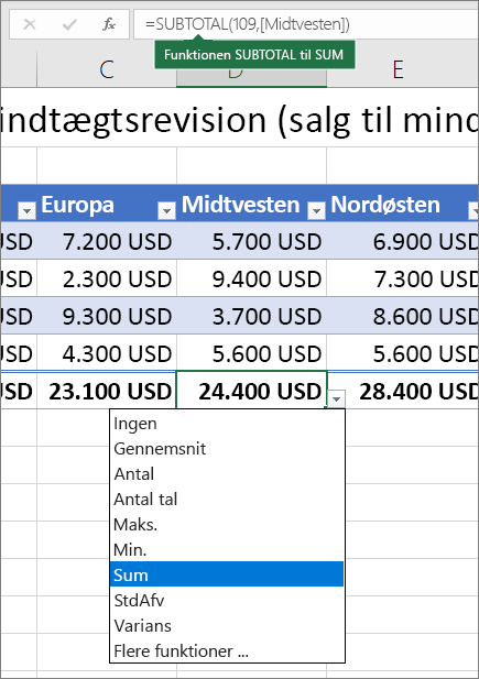 Eksempel på valg af en formel for rækken Total på rullelisten Formel i rækken Total