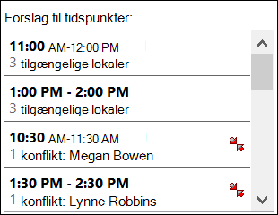 Brug vælgeren Forslag til tidspunkter til at se, hvornår deltagerne er tilgængelige.