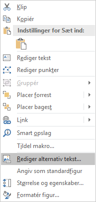 Menu til redigering af alternativ tekst til figurer i Excel Win32