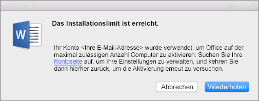 Fehlermeldung "Das Installationslimit ist erreicht"