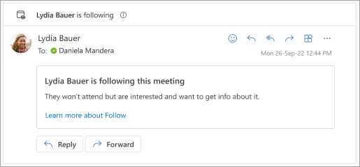 Screenshot: E-Mail-Antwort, dass der Teilnehmer der Besprechung folgt