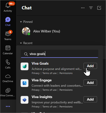 Screenshot von Teams mit ausgewählten Auslassungspunkten und Viva Goals in der Suchleiste eingegeben.