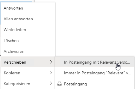 Screenshot: Rechtsklickmenü mit den Optionen "In Posteingang mit Relevanz verschieben" und "Immer in posteingang mit Relevanz verschieben".