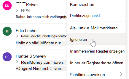 Ignorieren einer e-Mail-Unterhaltung in Outlook im Web