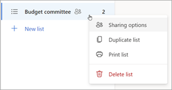 Halten Sie eine Liste gedrückt (oder klicken Sie mit der rechten Maustaste darauf), um die Freigabeoptionen zu öffnen, die Liste duplizieren oder drucken zu öffnen.
