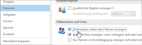 Registerkarte "Personen" im Dialogfeld "Optionen" mit hervorgehobener Option "Onlinestatus anzeigen"