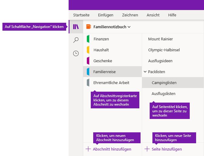 Abschnitte und Seiten in OneNote Online für Windows 10