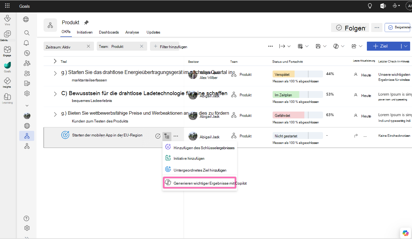 Screenshot: Ansicht der OKRs eines Produktteams mit geöffnetem Menü "Untergeordnete Elemente hinzufügen" eines Ziels