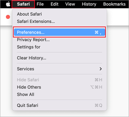 Das Safari-Menü in Safari mit ausgewählter Option "Einstellungen".